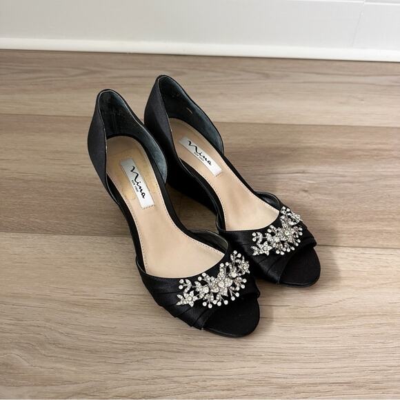 Nina Emiko Embellished Open-Toe Wedge Pumps in Black sz 7 - Picture 4 of 10